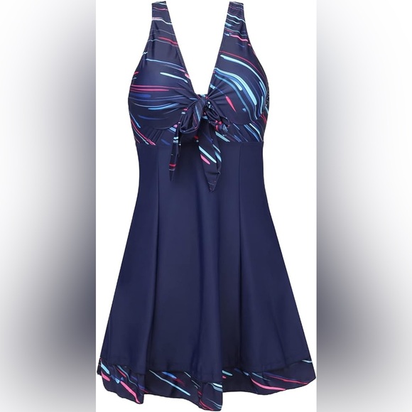 NWT One Piece High Waist Printing Swim Dress Padded - Picture 1 of 3